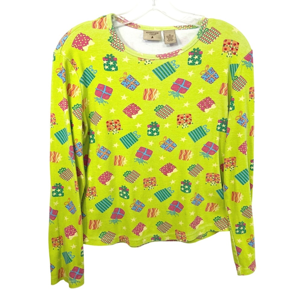 Mountain Lake Medium Top Christmas Green Long Sleeve Cotton Ugly Party 590